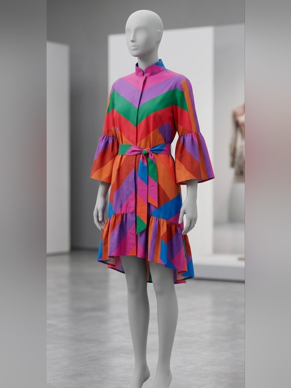 FARM Rio Chevron High-Low Belted Dress in Pink, Green & Orange